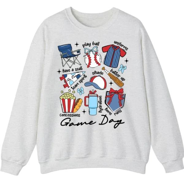 5.4 Game Day Essentials Baseball Collage Sweatshirt, Team Spirit Sports Uniform Crewneck, Popcorn Hot Dog Hydration Pullover