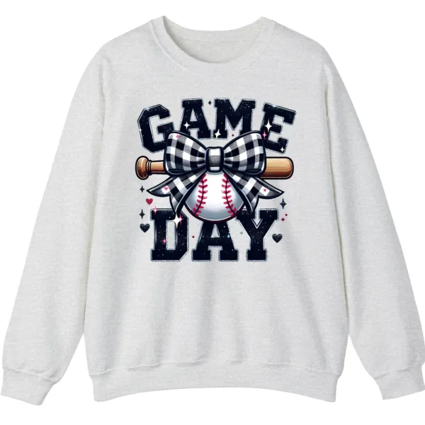 5.4 Game Day Plaid Bow Baseball Sweatshirt, Black White Checkered Ribbon Crewneck, Sports Lover Vintage Pullover