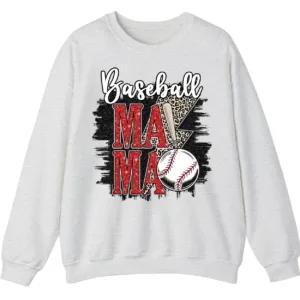 Baseball Mama Red Glitter Leopard Lightning Sweatshirt, Game Day Sports Mom Pullover, Distressed Grunge Design Crewneck