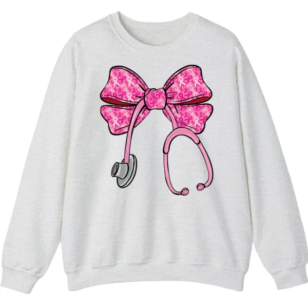 5.4 Pink Ribbon Nurse Stethoscope Bow Breast Cancer Crewneck Sweatshirt