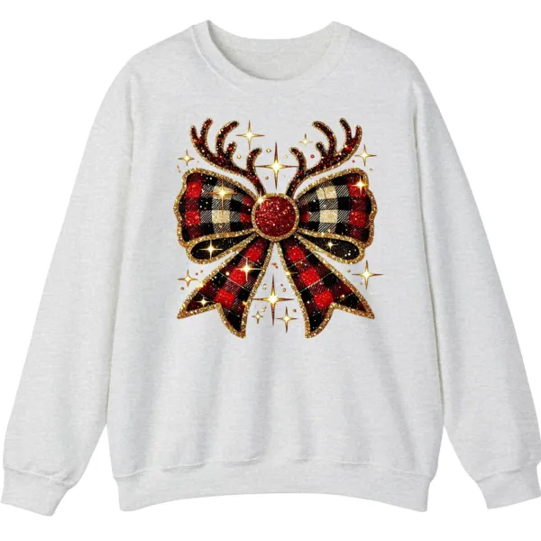 Glitter Plaid Bow Reindeer Antlers Sweatshirt, Sparkling Christmas Gift for Her