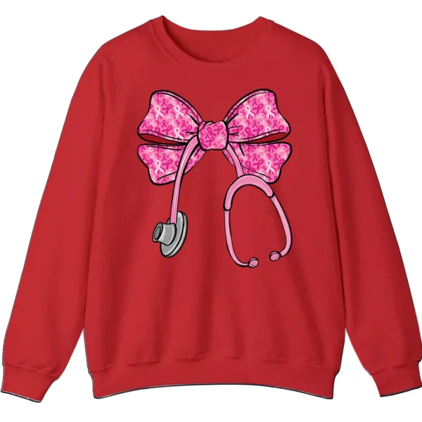 5.5 Pink Ribbon Nurse Stethoscope Bow Breast Cancer Crewneck Sweatshirt