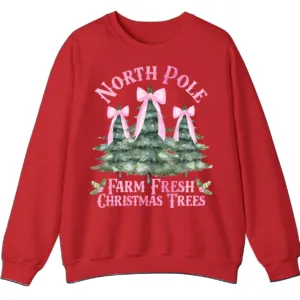Women's Pink Bow Watercolor Christmas Tree Sweatshirt from the North Pole Farm Fresh Christmas Trees
