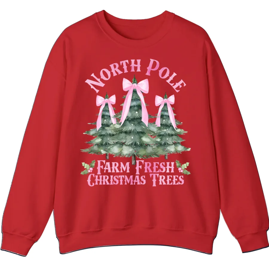 Home 13 Women's Pink Bow Watercolor Christmas Tree Sweatshirt from the North Pole Farm Fresh Christmas Trees