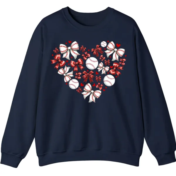 Baseball Heart Sweatshirt, Sports Lover Gift, Cute Game Day Bows Crewneck, Women's Softball Mom Pullover