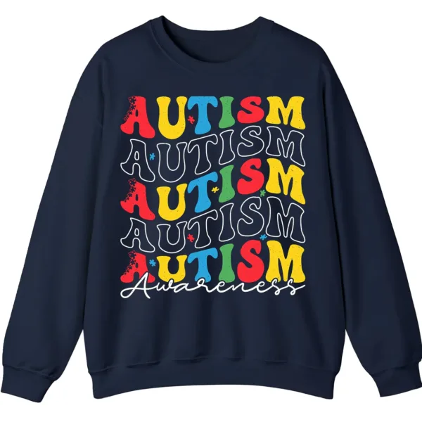 Retro Stacked Autism Awareness Sweatshirt, Colorful Repeated Text Crewneck