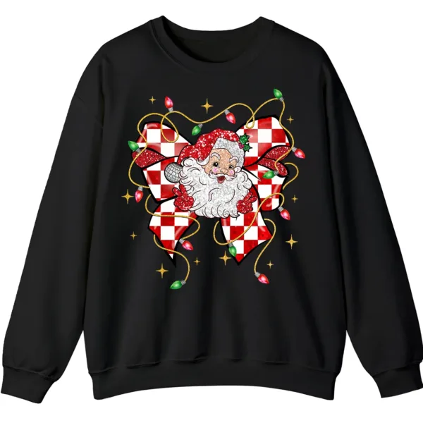 Retro Santa Bow Sweatshirt – Christmas Checkerboard Holiday Crewneck