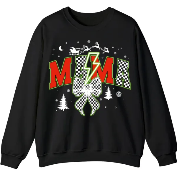 Checkered Mama Christmas Sweatshirt with Lightning Bolt & Reindeer Sleigh