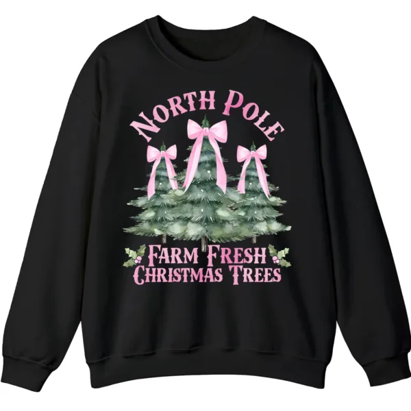 5.7 Women's Pink Bow Watercolor Christmas Tree Sweatshirt from the North Pole Farm Fresh Christmas Trees