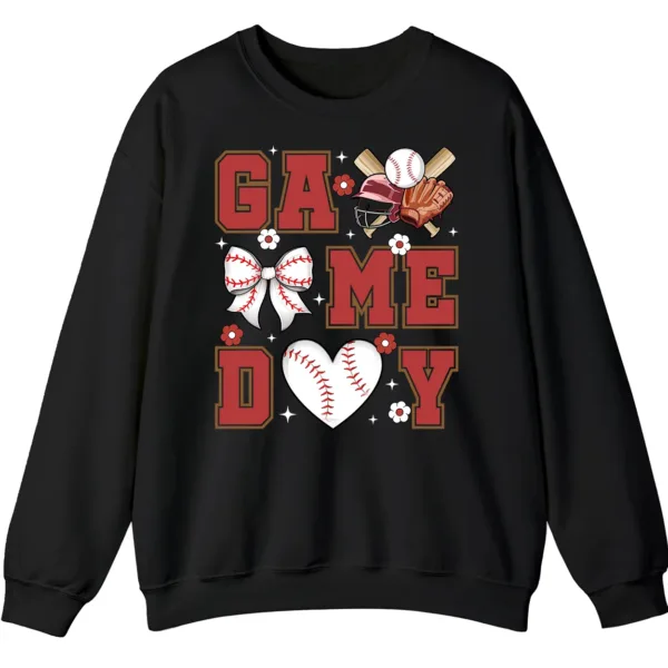 5.7 Baseball/Softball Mom Game Day Crewneck Sweatshirt - Cute Bow and Heart Graphic