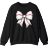 5.7 Cute Baseball Stitch Bow Crewneck Sweatshirt - Softball Mom Game Day Gift