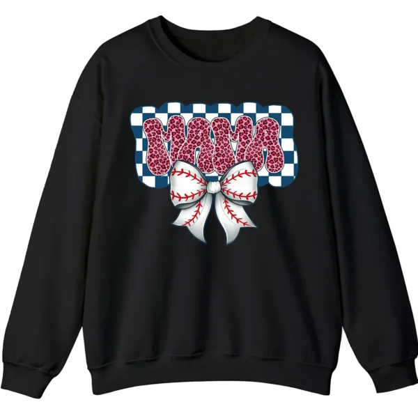 5.7 Leopard Print Mama Baseball Bow Sweatshirt, Checkered Game Day Crewneck, Pink Cheetah Softball Mom Pullover