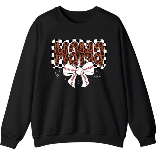 5.7 Leopard Mama Baseball Bow Sweatshirt, Checkered Cheetah Sports Mom Crewneck, Game Day Mom Gift Pullover