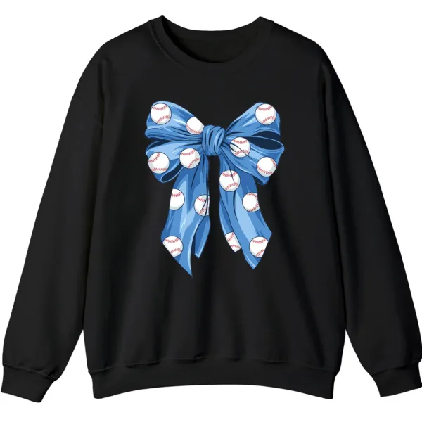 5.7 Blue Polka Dot Baseball Bow Sweatshirt, Cute Game Day Softball Ribbon Crewneck, Women's Sports Fan Pullover