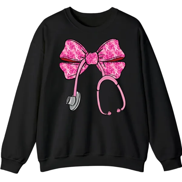 5.7 Pink Ribbon Nurse Stethoscope Bow Breast Cancer Crewneck Sweatshirt