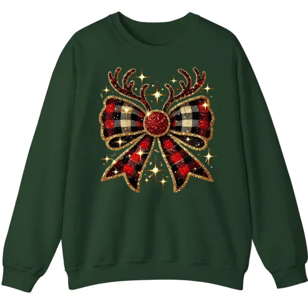 Glitter Plaid Bow Reindeer Antlers Sweatshirt, Sparkling Christmas Gift for Her