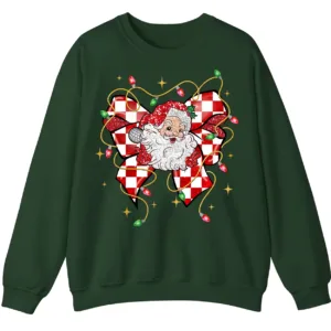5.8 Retro Santa Bow Sweatshirt – Christmas Checkerboard Holiday Crewneck