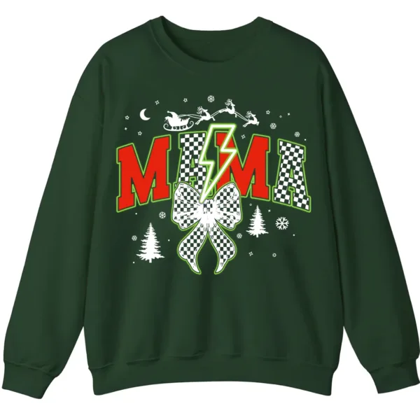 Checkered Mama Christmas Sweatshirt with Lightning Bolt & Reindeer Sleigh
