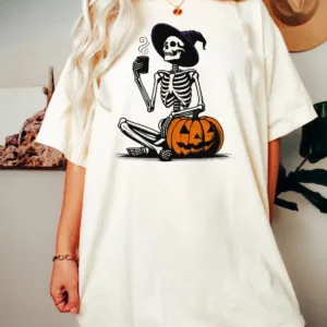 Skeleton Pumpkin Coffee Halloween T-Shirt