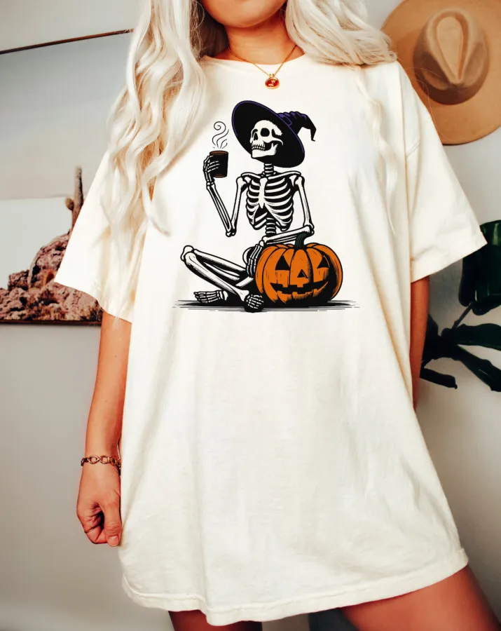 Skeleton Pumpkin Coffee Halloween T-Shirt