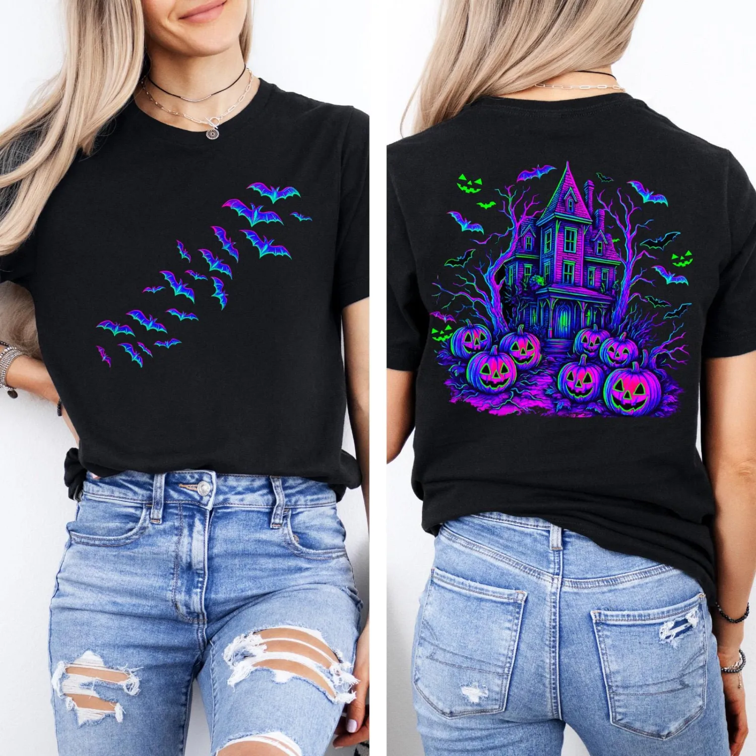 Retro Flying Bats Haunted House Halloween T-Shirt Retro Flying Bats Haunted House Halloween T-Shirt