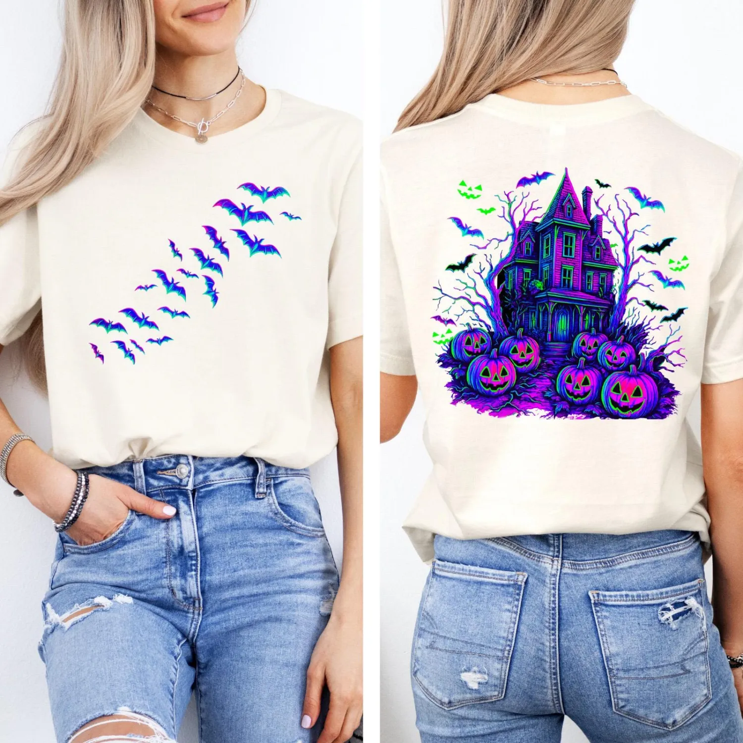 Retro Flying Bats Haunted House Halloween T-Shirt Retro Flying Bats Haunted House Halloween T-Shirt