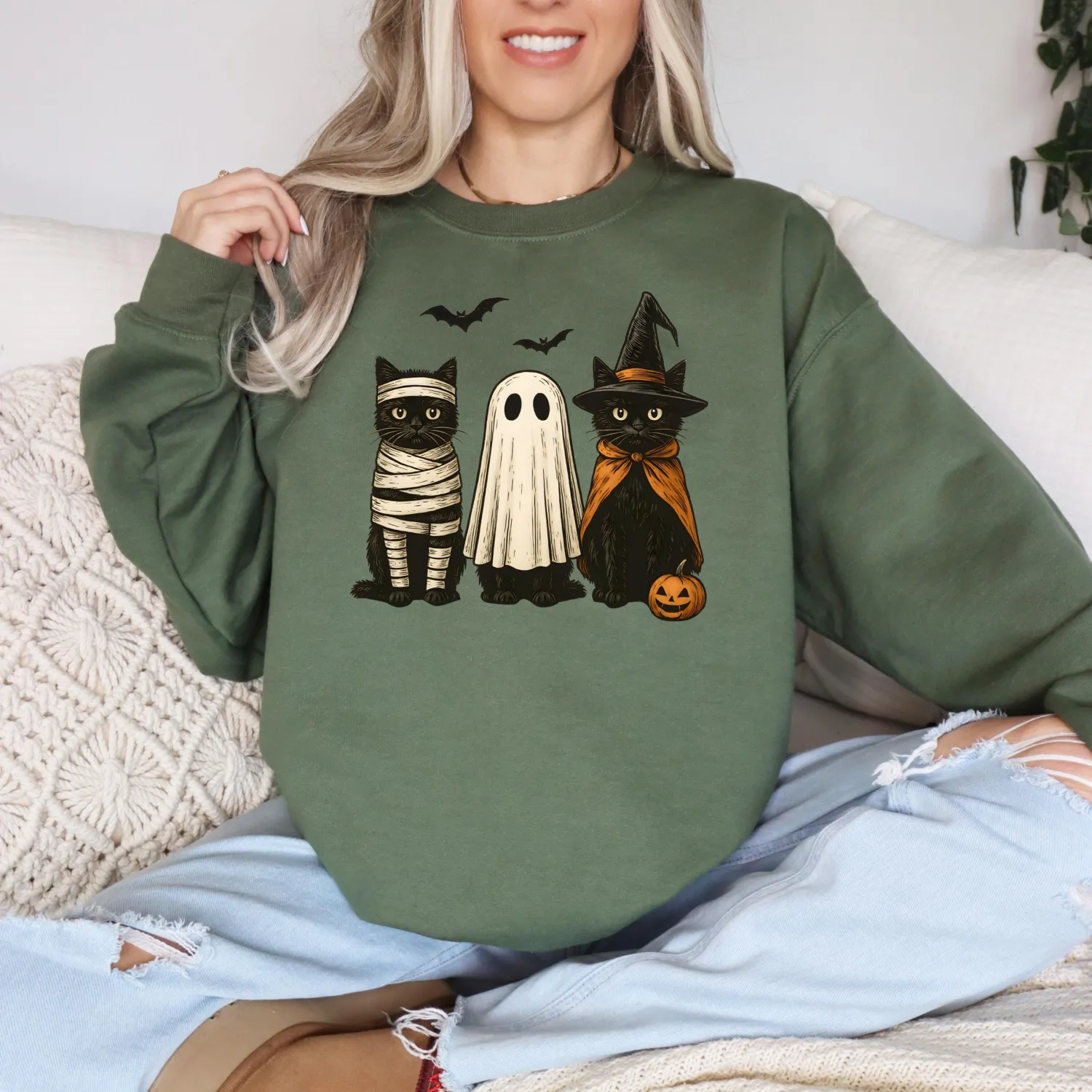 Spooky Black Cat Ghost Halloween T-Shirt or Sweatshirt