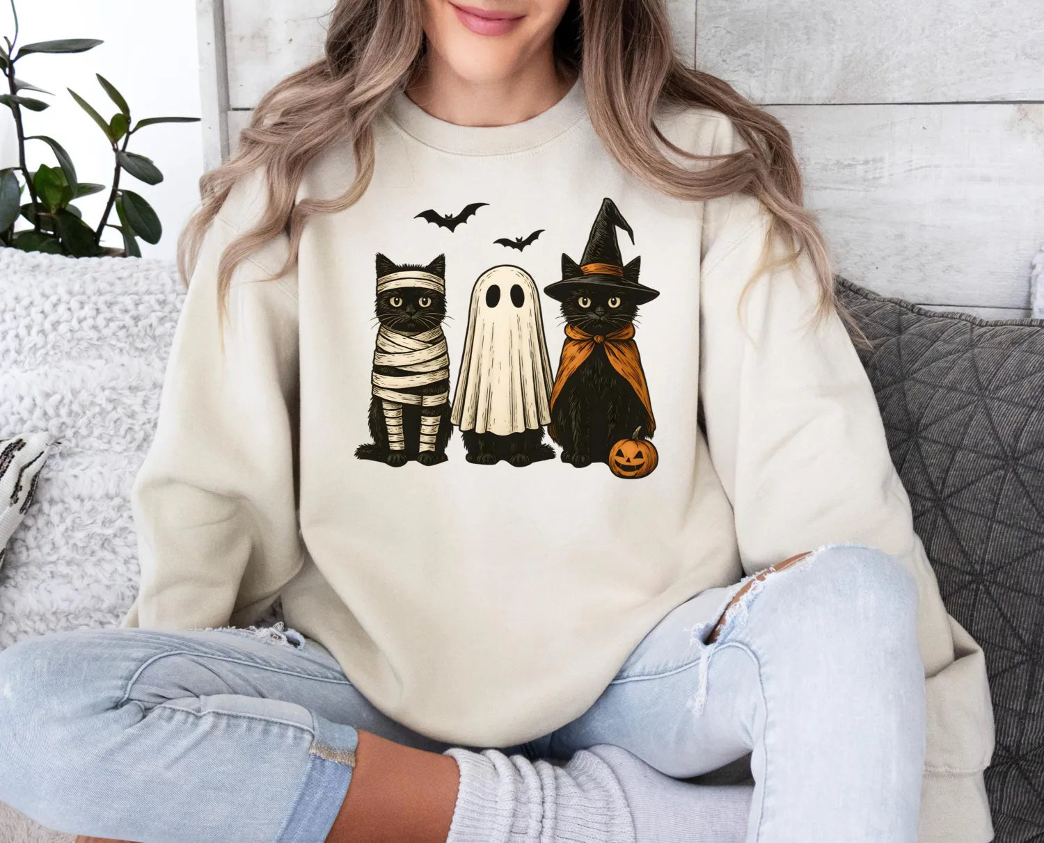 Spooky Black Cat Ghost Halloween T-Shirt or Sweatshirt
