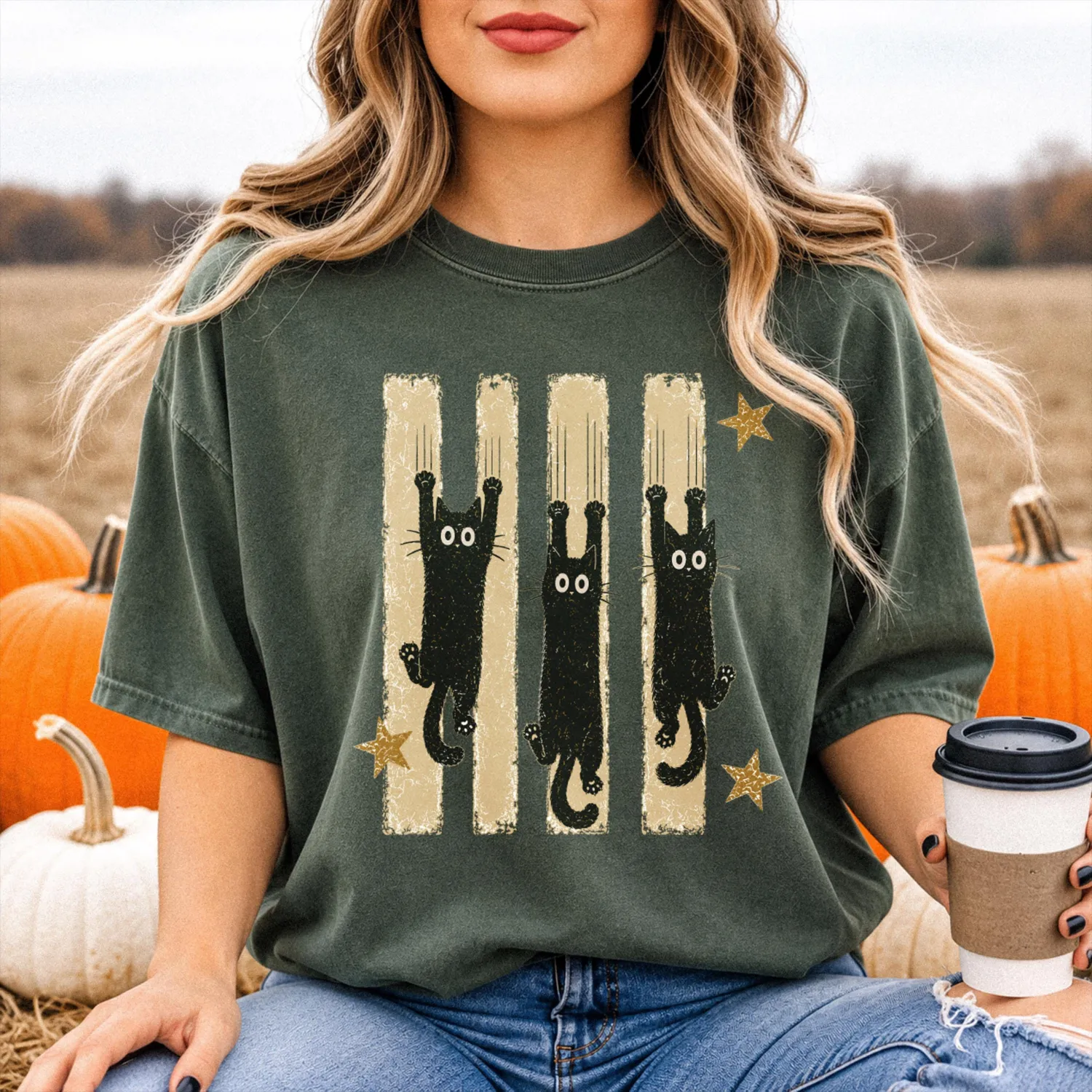 Vintage Witchy Cat Halloween T-Shirt