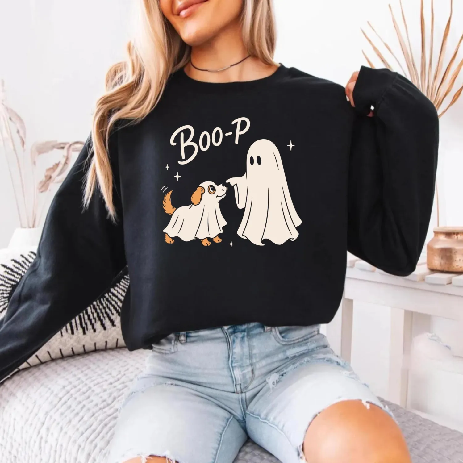 Boo-P Cute Ghost Dog Halloween Sweatshirt