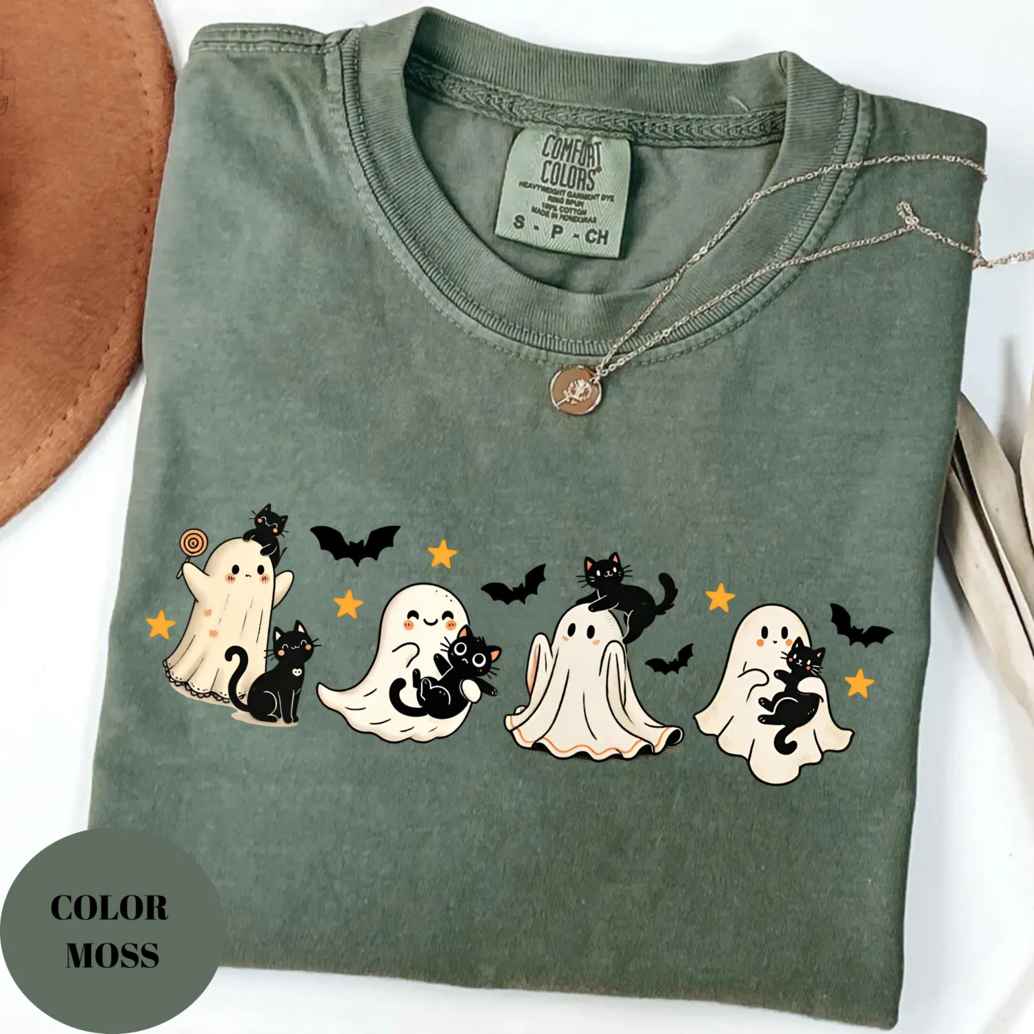 Halloween Black Cat & Ghost T-Shirt Halloween Black Cat & Ghost T-Shirt