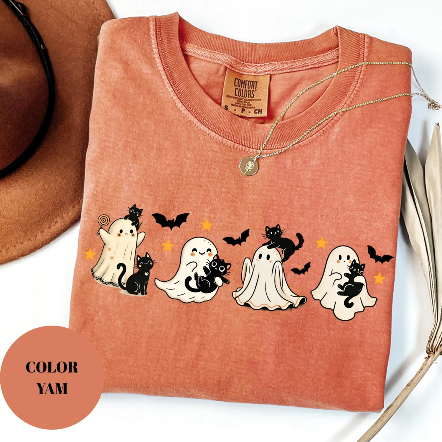 Halloween Black Cat & Ghost T-Shirt Halloween Black Cat & Ghost T-Shirt