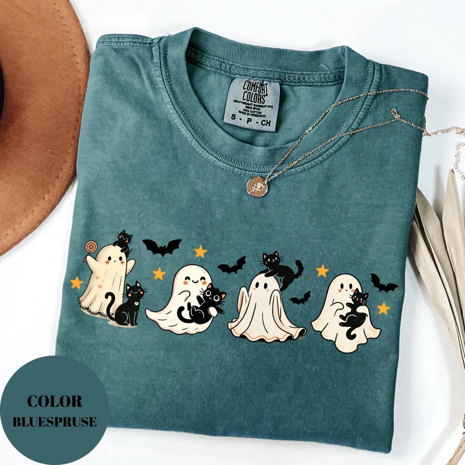 Halloween Black Cat & Ghost T-Shirt Halloween Black Cat & Ghost T-Shirt