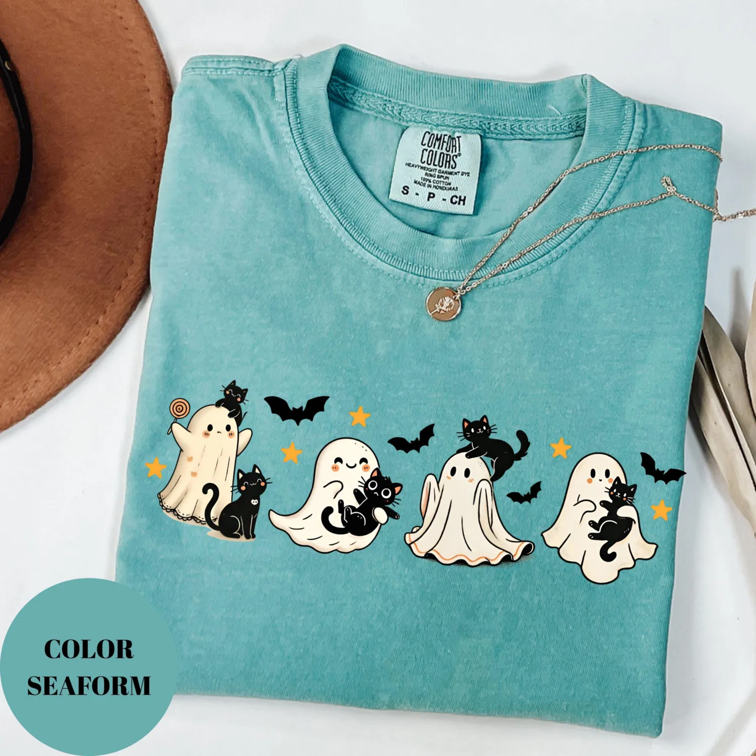 Halloween Black Cat & Ghost T-Shirt Halloween Black Cat & Ghost T-Shirt