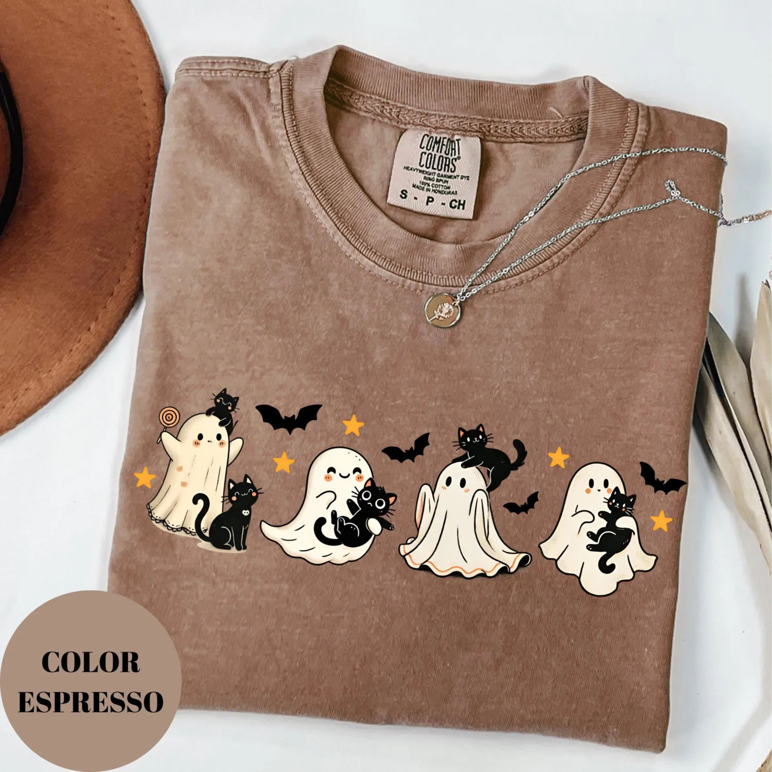 Halloween Black Cat & Ghost T-Shirt Halloween Black Cat & Ghost T-Shirt