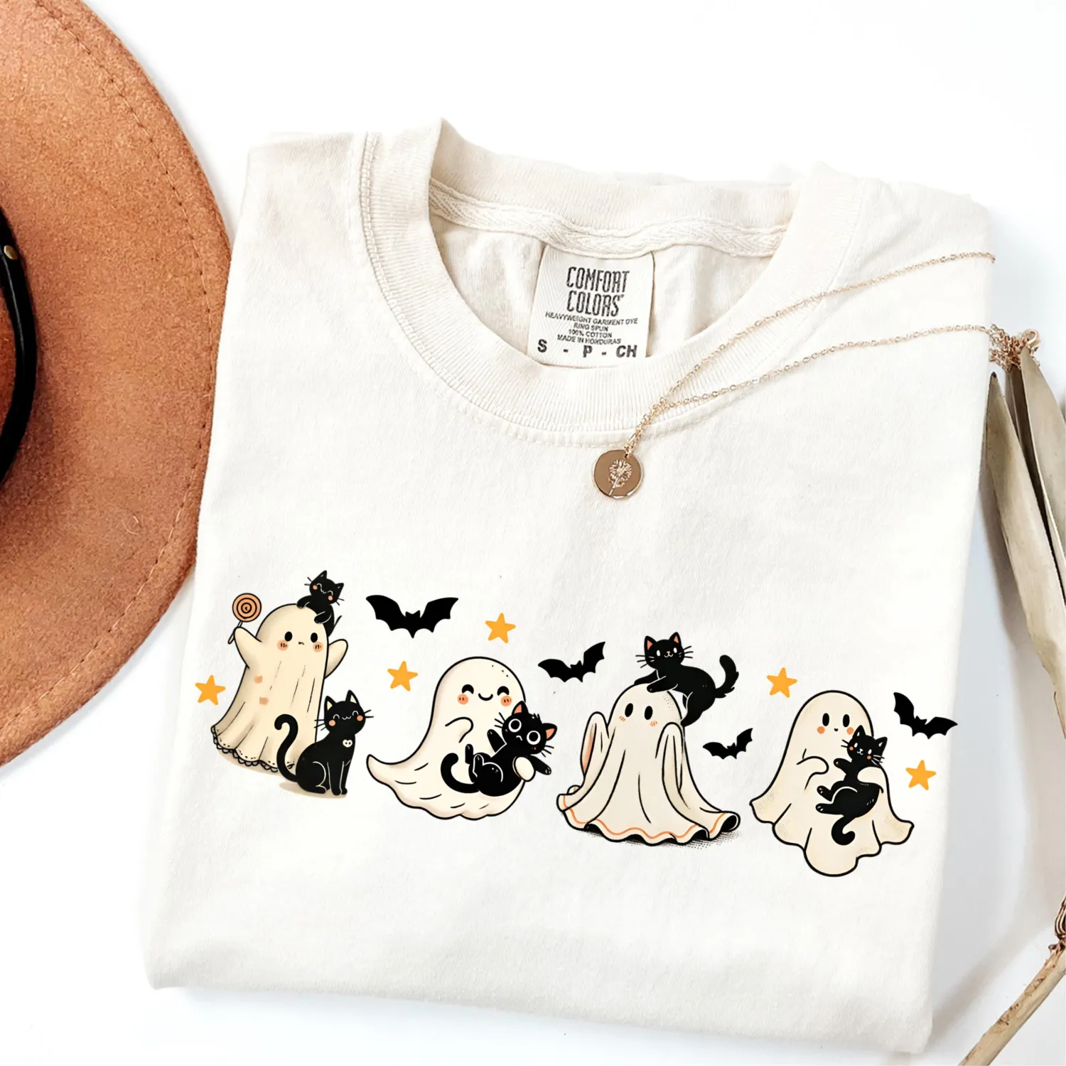 Halloween Black Cat & Ghost T-Shirt Halloween Black Cat & Ghost T-Shirt