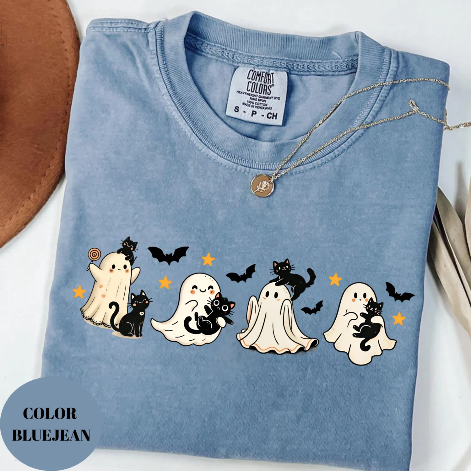 Halloween Black Cat & Ghost T-Shirt Halloween Black Cat & Ghost T-Shirt