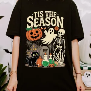 Retro Tis The Season Skeleton Pumpkin Ghost Halloween T-Shirt