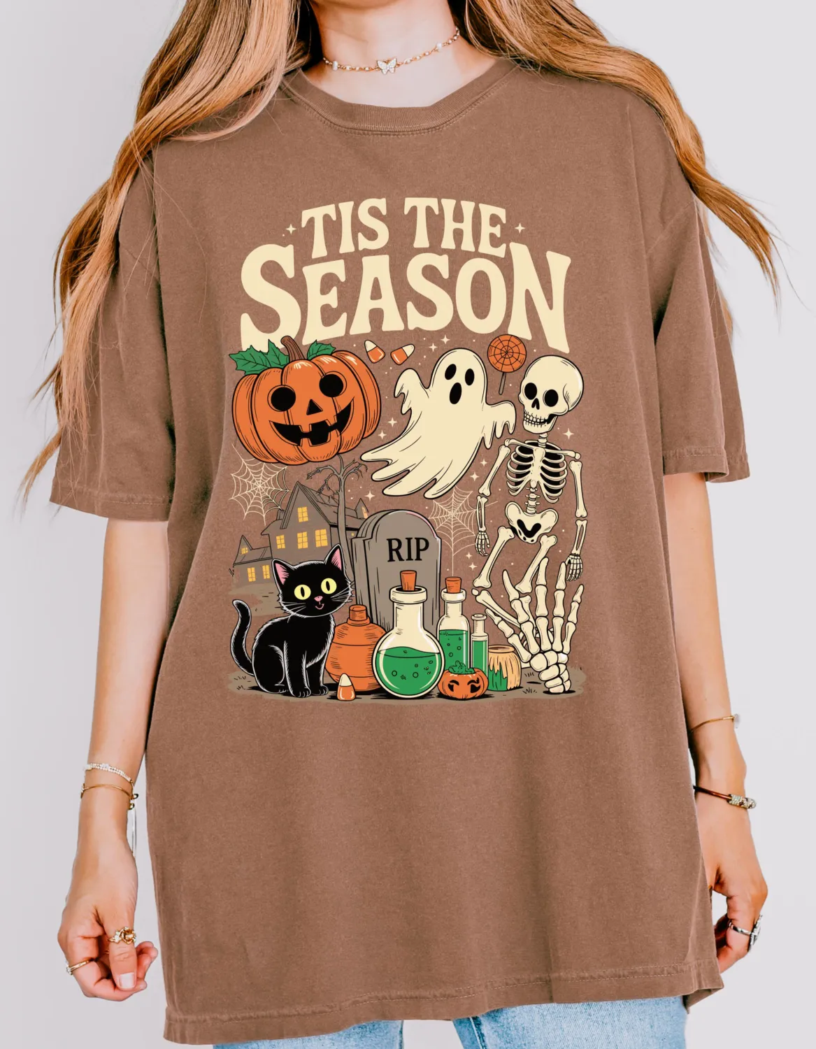Retro Tis The Season Skeleton Pumpkin Ghost Halloween T-Shirt
