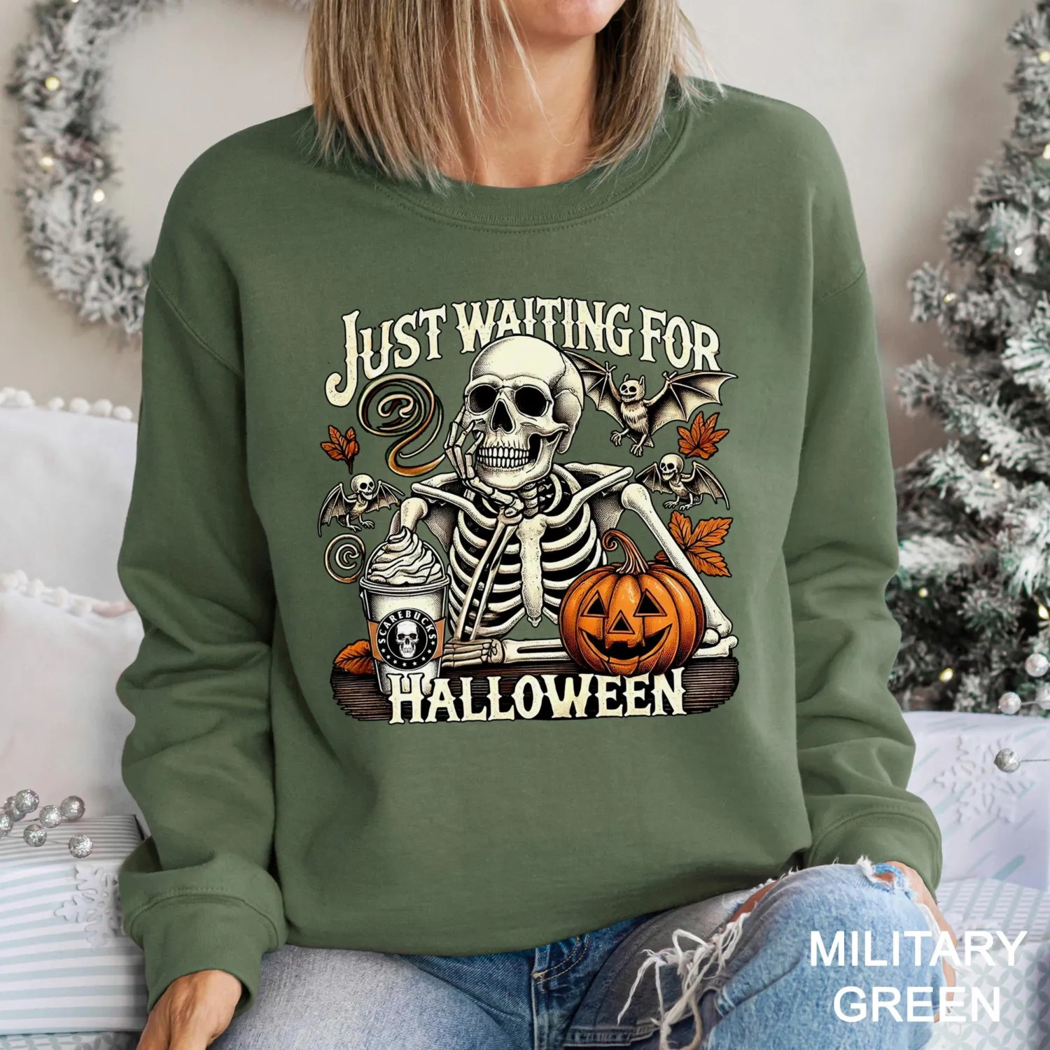 Just Waiting for Halloween Skeleton Pumpkin Sweatshirt Just Waiting for Halloween Skeleton Pumpkin Sweatshirt