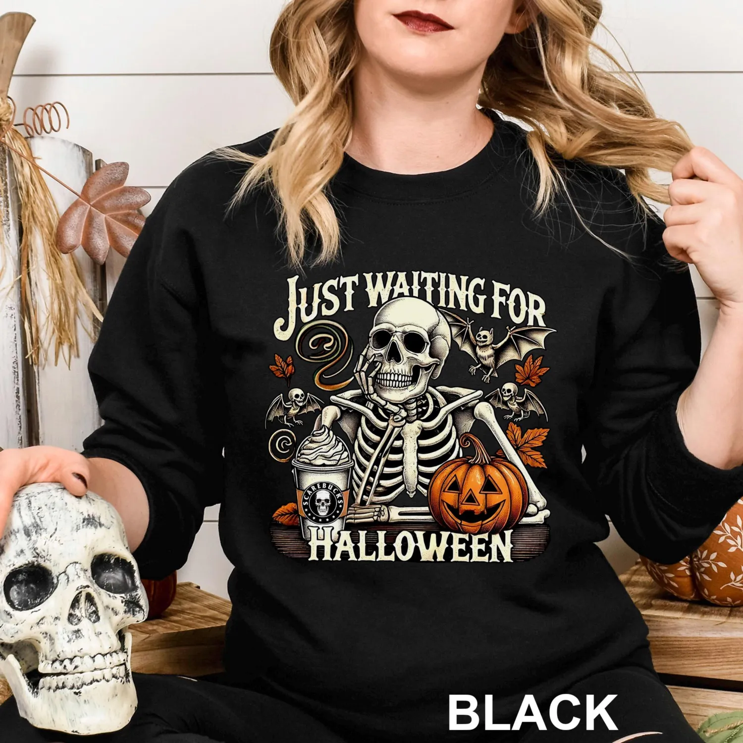 Just Waiting for Halloween Skeleton Pumpkin Sweatshirt Just Waiting for Halloween Skeleton Pumpkin Sweatshirt