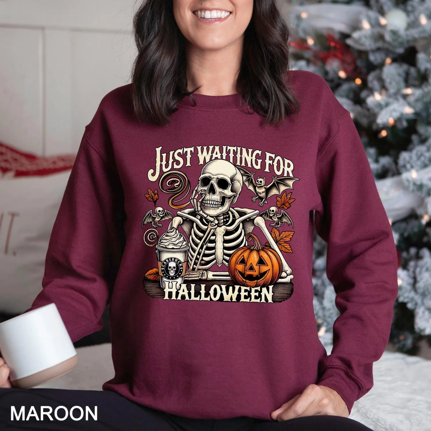 Just Waiting for Halloween Skeleton Pumpkin Sweatshirt Just Waiting for Halloween Skeleton Pumpkin Sweatshirt