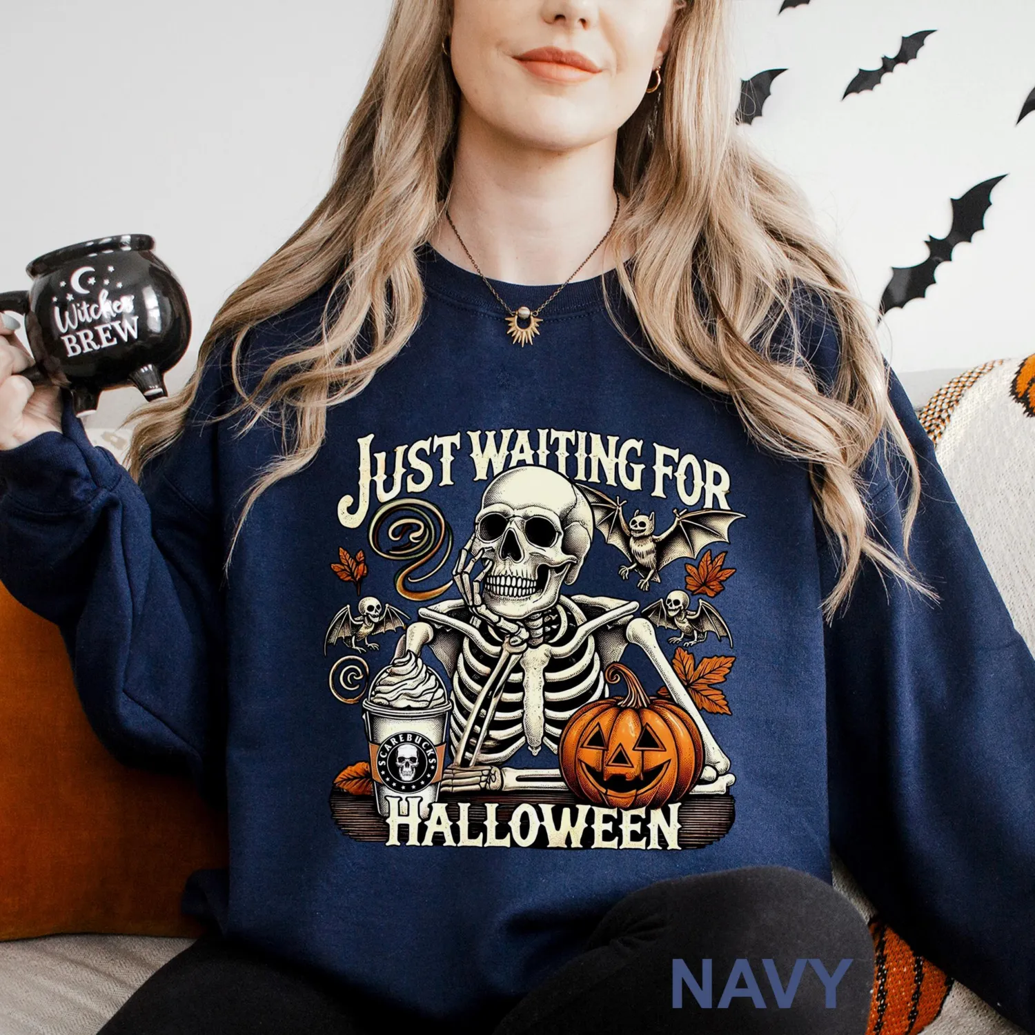 Just Waiting for Halloween Skeleton Pumpkin Sweatshirt Just Waiting for Halloween Skeleton Pumpkin Sweatshirt