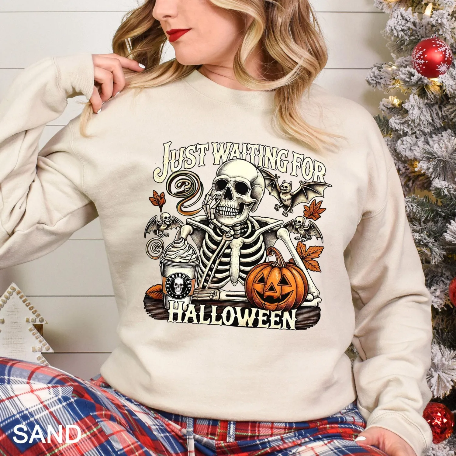 Just Waiting for Halloween Skeleton Pumpkin Sweatshirt Just Waiting for Halloween Skeleton Pumpkin Sweatshirt