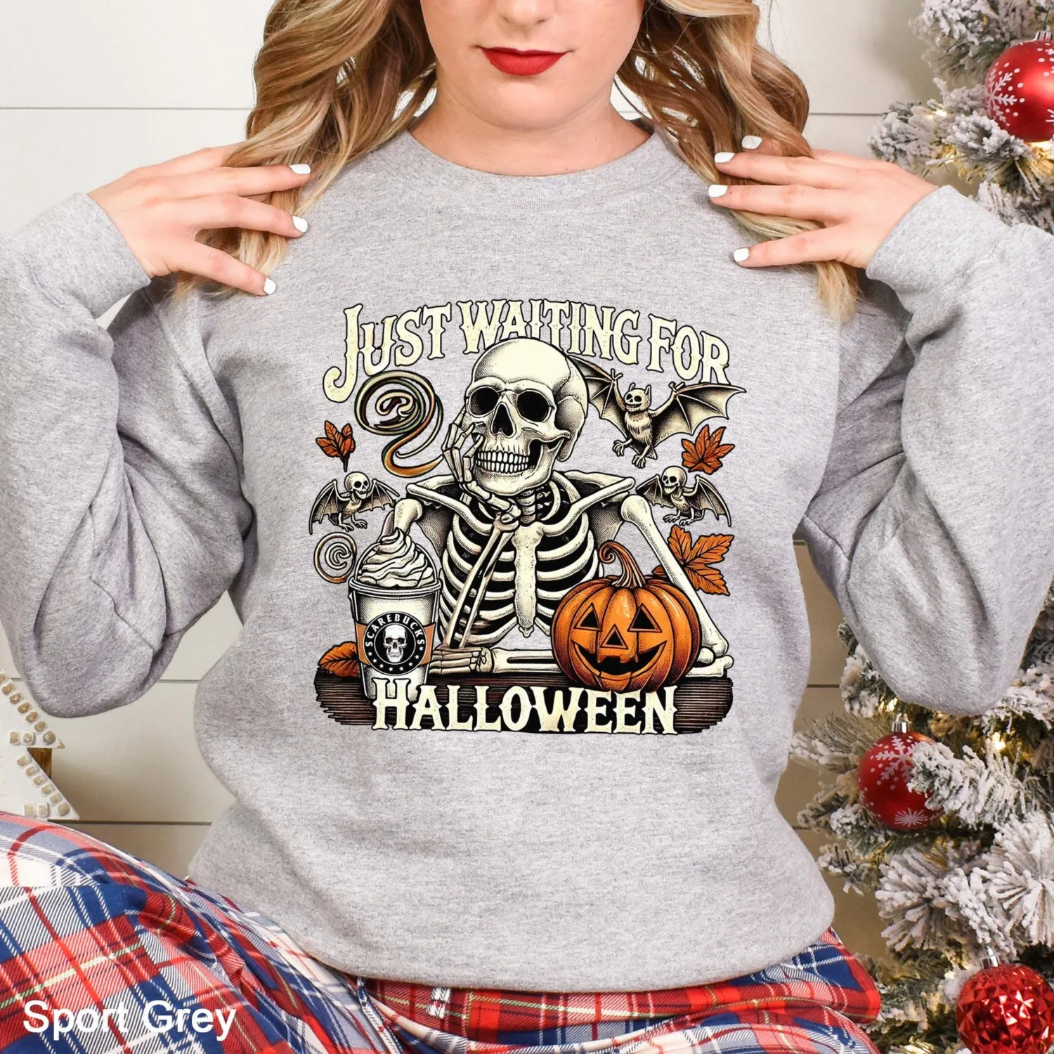 Just Waiting for Halloween Skeleton Pumpkin Sweatshirt Just Waiting for Halloween Skeleton Pumpkin Sweatshirt