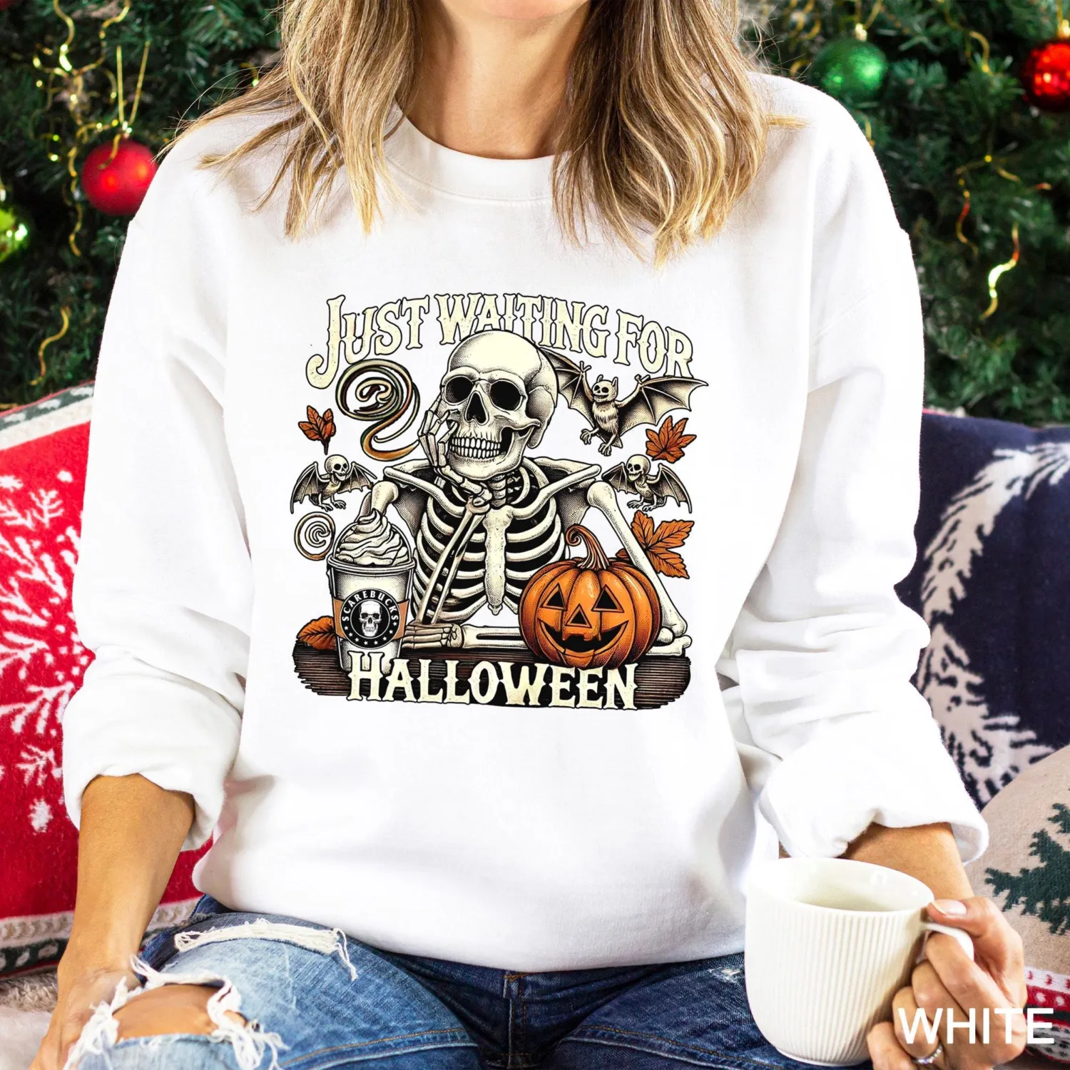 Just Waiting for Halloween Skeleton Pumpkin Sweatshirt Just Waiting for Halloween Skeleton Pumpkin Sweatshirt