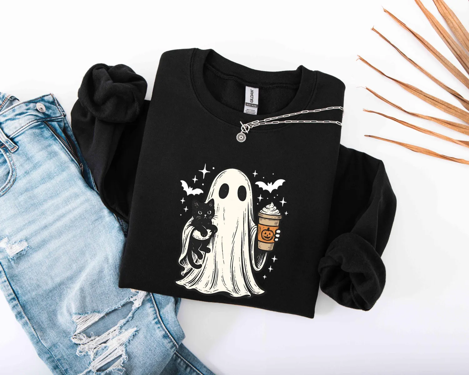 Ghost Holding Black Cat Halloween Sweatshirt Ghost Holding Black Cat Halloween Sweatshirt