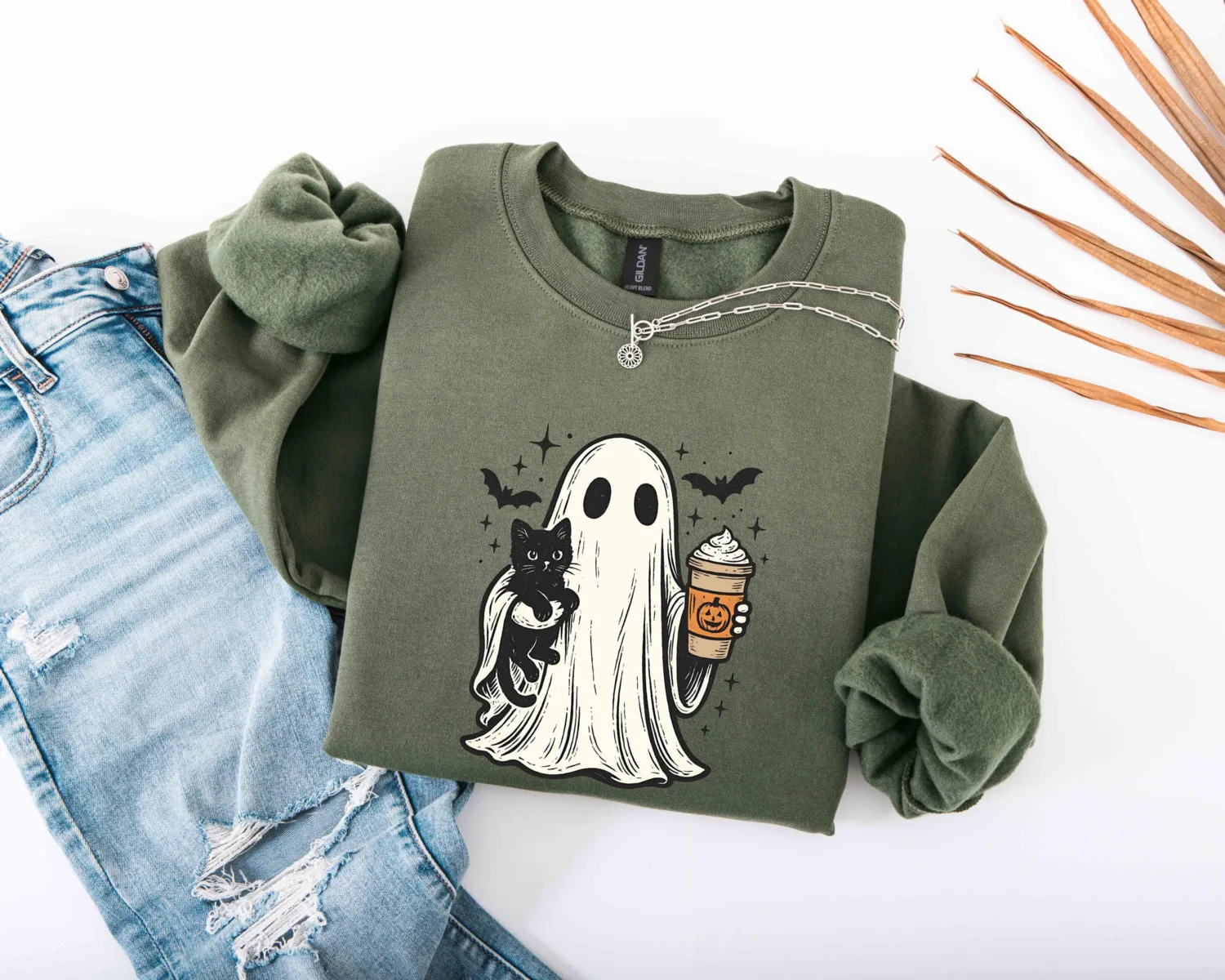 Ghost Holding Black Cat Halloween Sweatshirt Ghost Holding Black Cat Halloween Sweatshirt