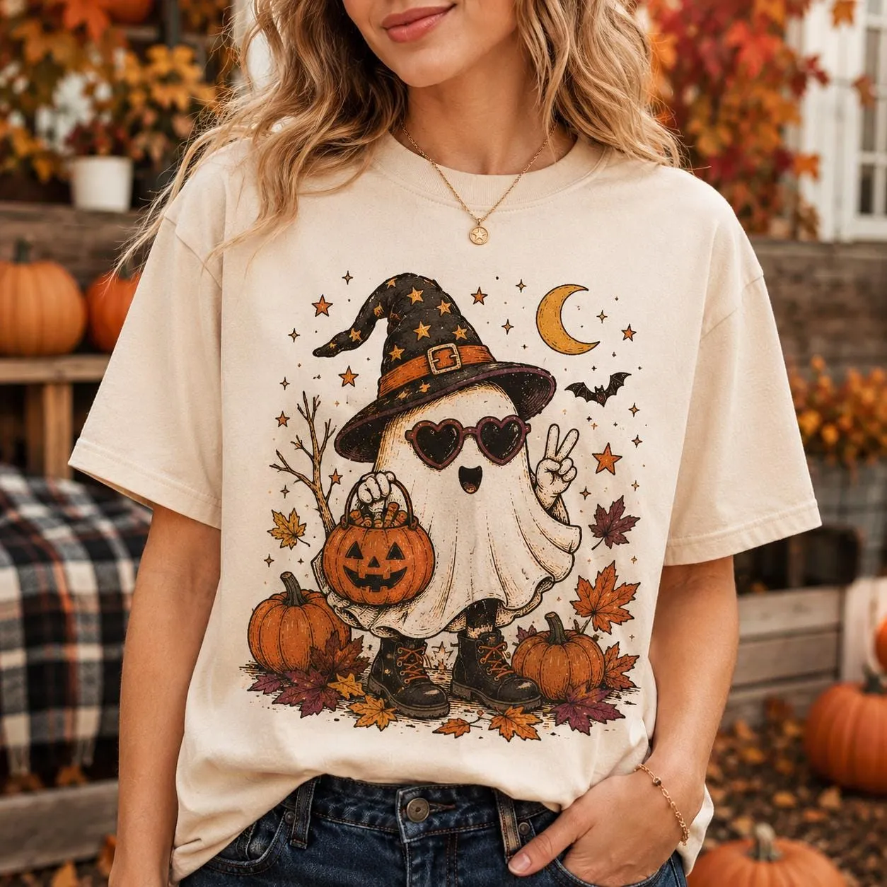 Cute Ghost Witch Hat Pumpkin Halloween T-Shirt Cute Ghost Witch Hat Pumpkin Halloween T-Shirt