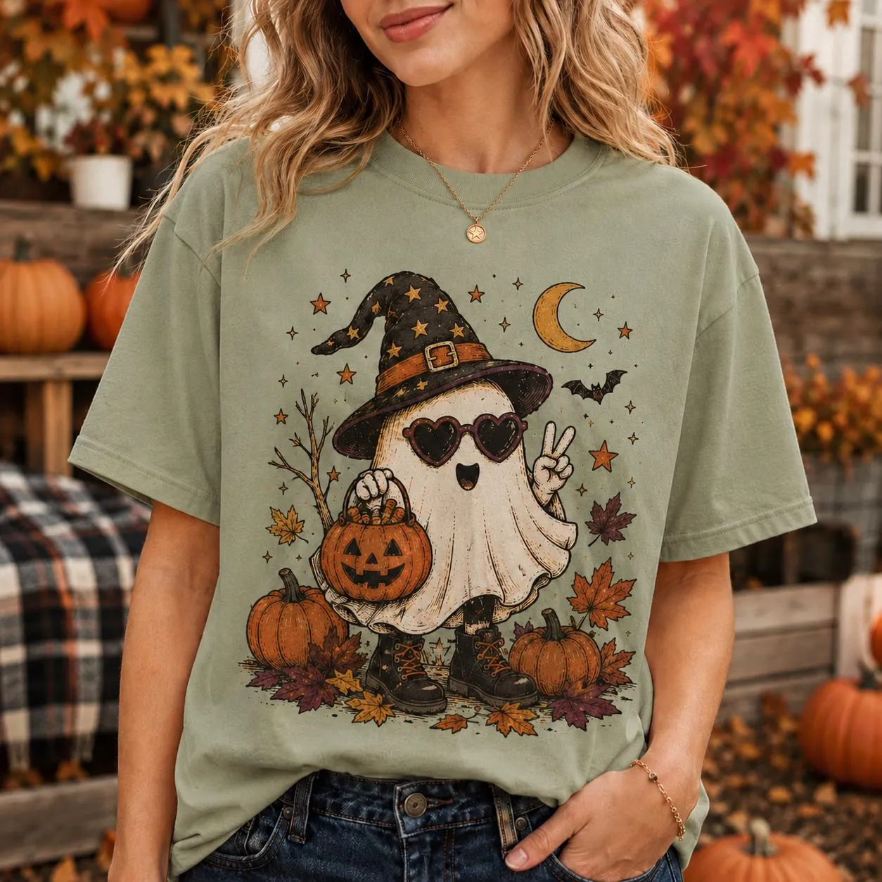Cute Ghost Witch Hat Pumpkin Halloween T-Shirt Cute Ghost Witch Hat Pumpkin Halloween T-Shirt